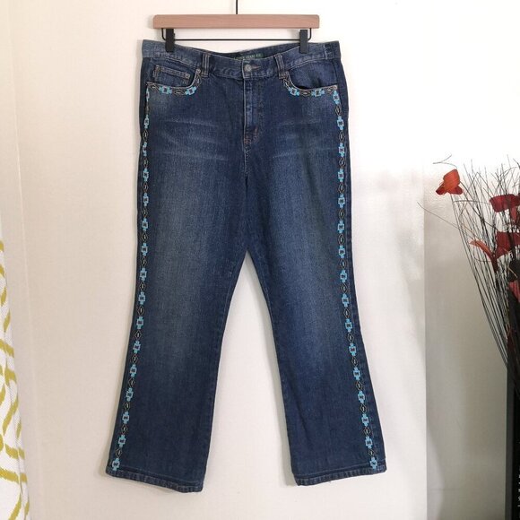 Ralph Lauren Turquoise Aztec Beaded Southwestern Wide Leg Jeans Medium Wash 10P - Picture 1 of 6